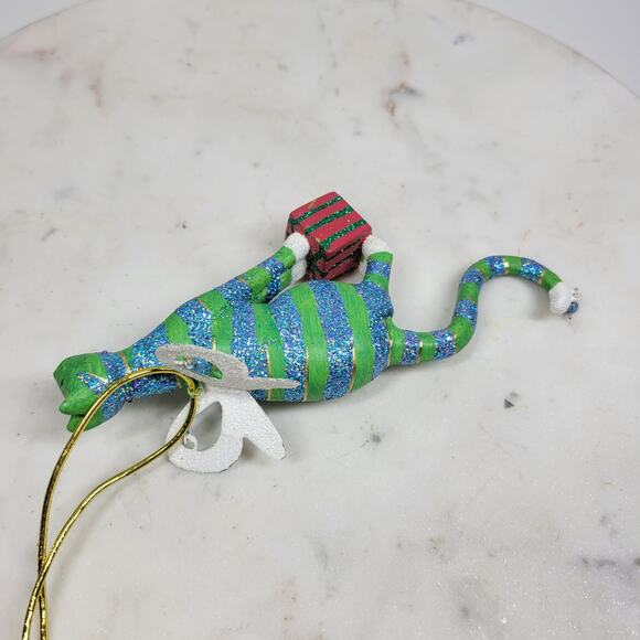 Vtg Cat Christmas Ornament 6.5" Green Glitter Striped Angel Wings Holiday Decor - Picture 11 of 15